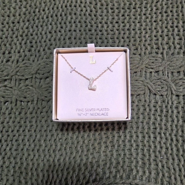Mia Sarine L Initial Necklace Rhinestone Fine Silver Plated